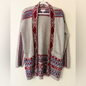 Lucky Brand Red and Blue Patterned Cardigan, size M Aztec Inspired Design